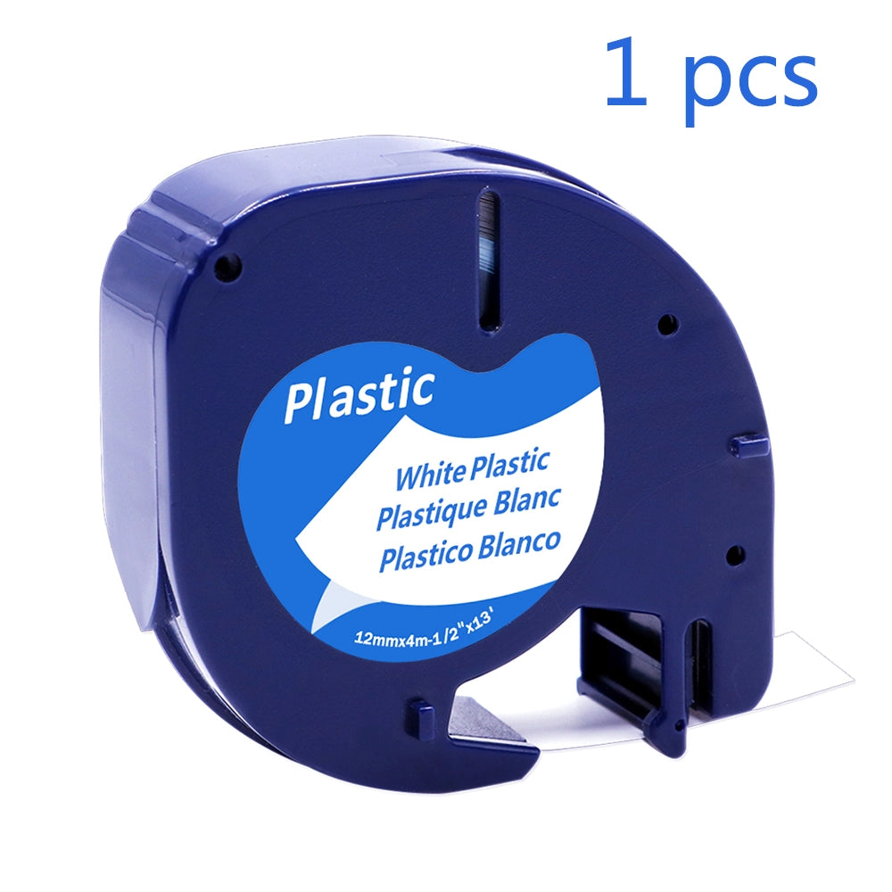 Compatible 12mm Dymo LetraTag label tape 91201 white plastic for LT-100H, LT-100T, QX50, and XR label printers