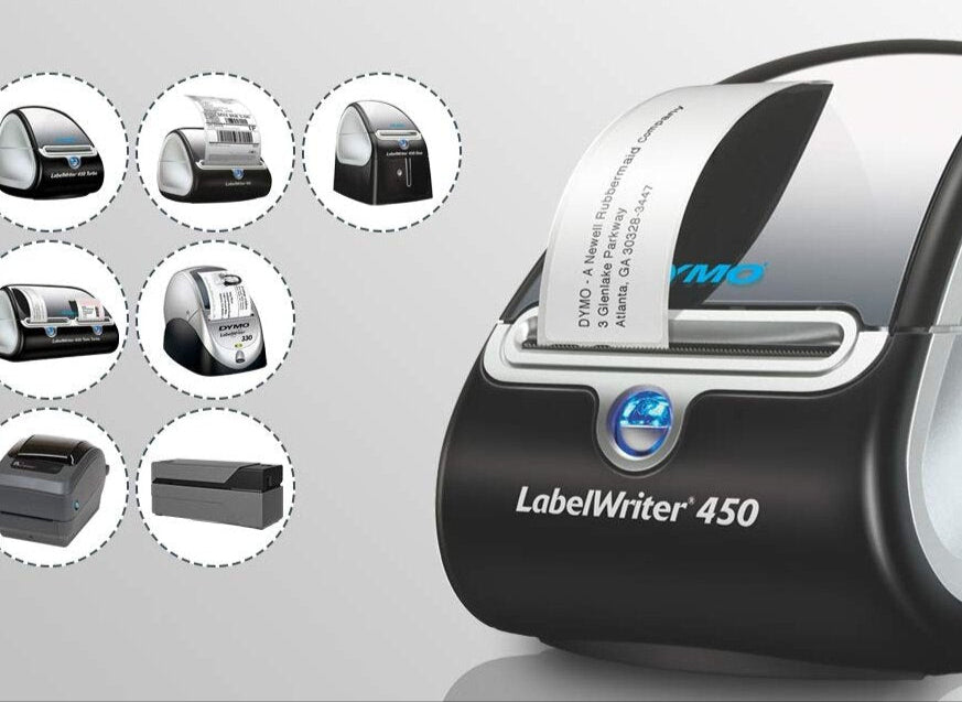 Dymo LabelWriter 450 label printer with compatibility list on a gray background
