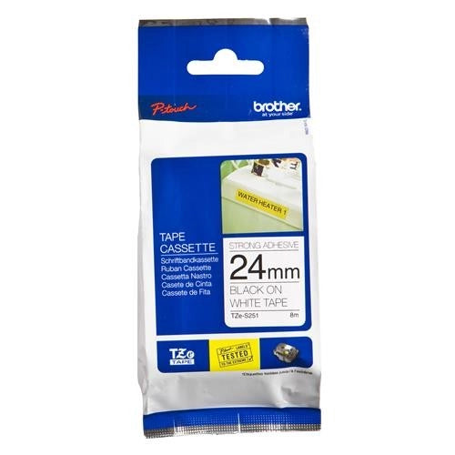 Brother 24mm extra strength black on white adhesive label tape for P-Touch printers, compatible with PT-1400, PT-1500, PT-1600