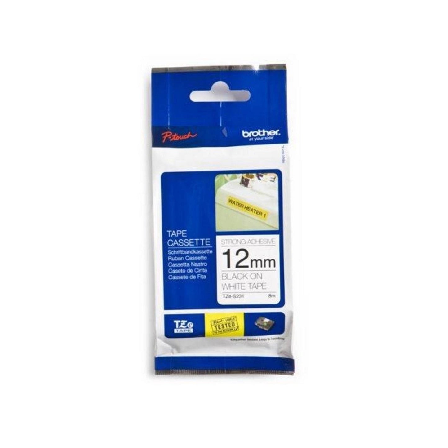 Brother TZe-S231 12mm black on white strong adhesive laminated label tape for P-Touch printers