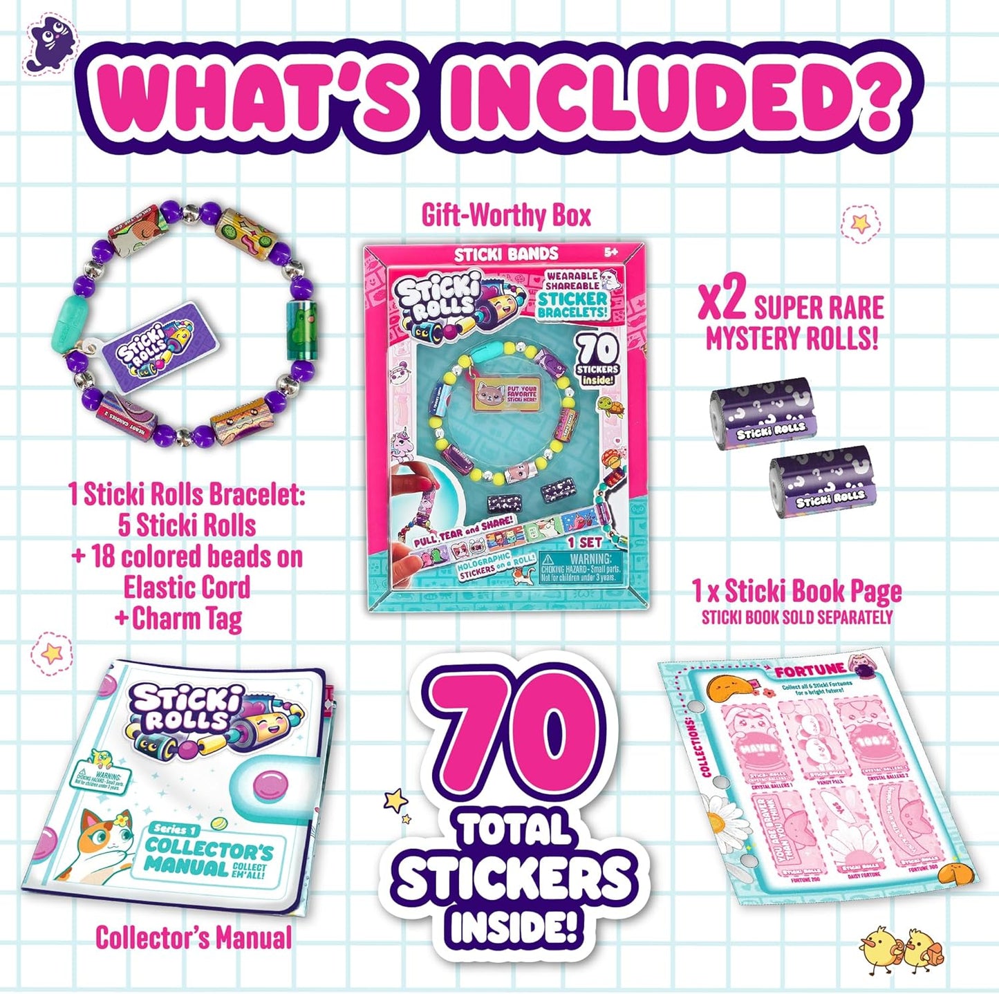 Sky Castle Sticki Rolls Sticki Bands Series 2, Wearable & Shareable Sticker Bracelet, 70 Mini Stickers, Assorted colours and styles