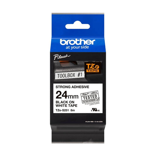 Brother 24mm extra strength black on white adhesive label tape for P-Touch printers, compatible with PT-1400, PT-1500, PT-1600
