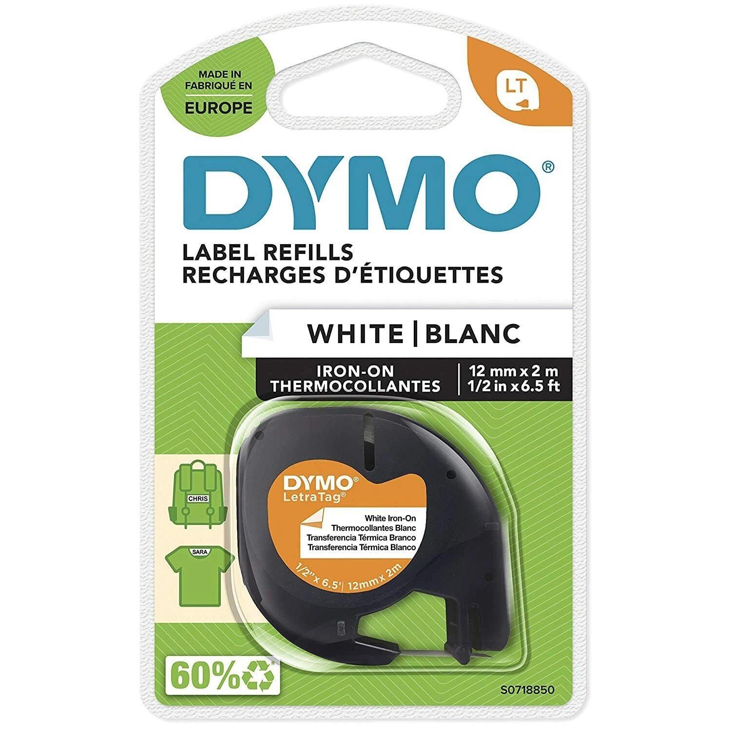 Dymo LetraTag 12mm black on white fabric iron-on label tape for clothes and laundry marking